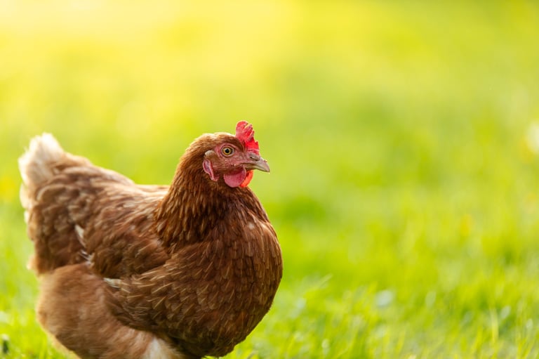 Retrato al aire libre de gallina cafe caminando en granja sobre pasto verde, gallinas camperas en dia soleado, espacio libre