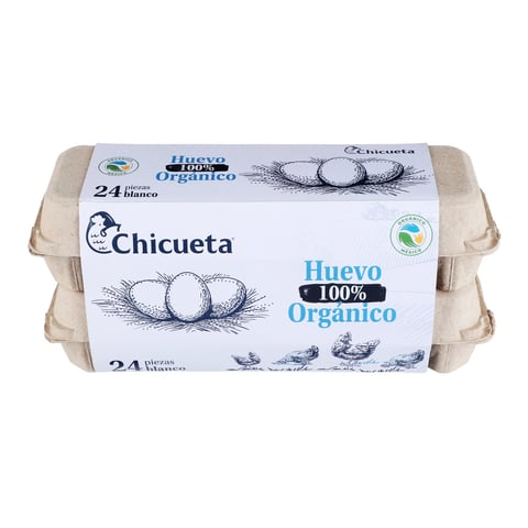 Cartón de huevos orgánicos Chicueta 100% natural con 24 huevos blancos en empaque de fibra natural