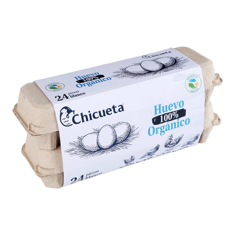 Cartón de huevos Chicueta 100% orgánicos con 24 unidades en contenedor de cartón beige