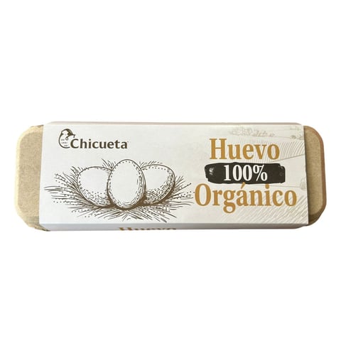 Cartón de huevos orgánicos marca Chicueta con huevos ilustrados y texto español indicando producto 100% orgánico