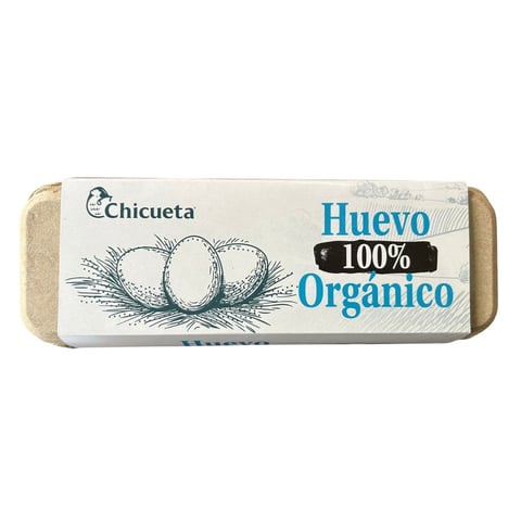 Cartón de huevos 100% orgánicos marca Chicueta con ilustración de tres huevos marrones