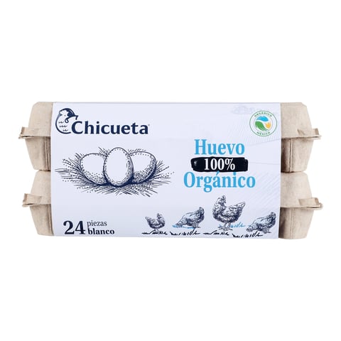 Cartón de huevos orgánicos blancos Chicueta 24 unidades con ilustración de nido en empaque