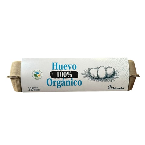 Cartón de 12 huevos orgánicos labeled Huevo 100% Organico con ilustraciones de huevos en empaque de cartón